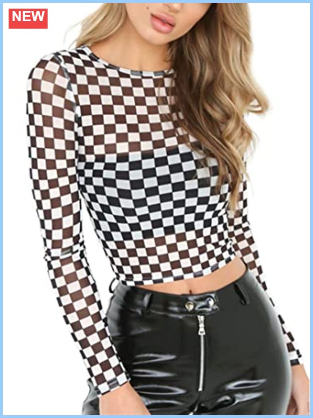 Women's Sheer Mesh Crop Top Long Sleeve Checkered Tee